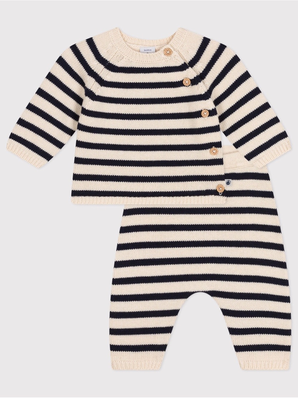 Petit Bateau Cream and Navy Striped Knit Baby 2-Piece Set 18m